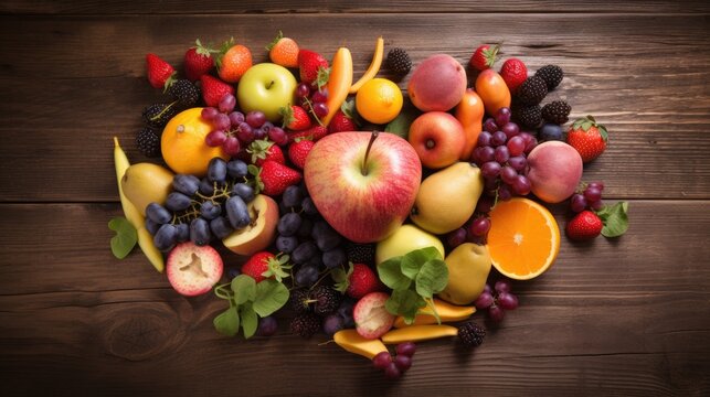 Fruits on wooden background in shape of heart
