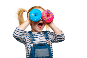 Happy cute girl is having fun played with donuts on png background. Bright photo of a child. Colored donuts