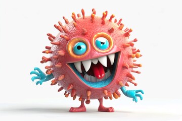 Fantasy illustration of virus character with happy face. Coronavirus monster. White background. ai generated.