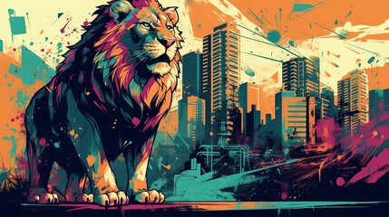 Lion stands in the background of the city drawing Generative AI