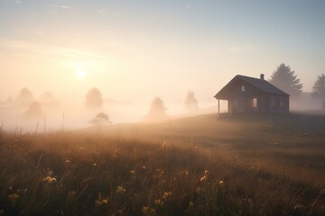 Naklejka na ściany i meble View of cabin on grassy landscape during foggy sunrise, Generative AI