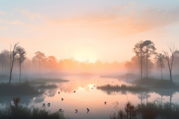 View of landscape bayou at sunrise in fog, Generative AI