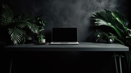 Pc screen on black luxury background with tropical leafs