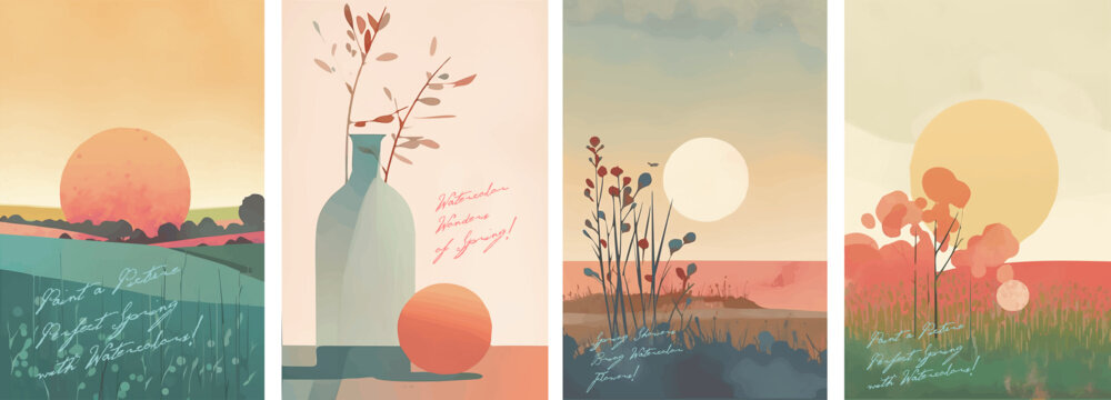Spring, Summer. Minimalistic landscape, still life, field. Set of vector pictures. Watercolor. Brush strokes. Art.