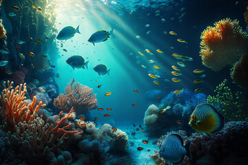Naklejka na ściany i meble Deep underwater in rays of light, beautiful underwater, organic nature sea background, generated ai