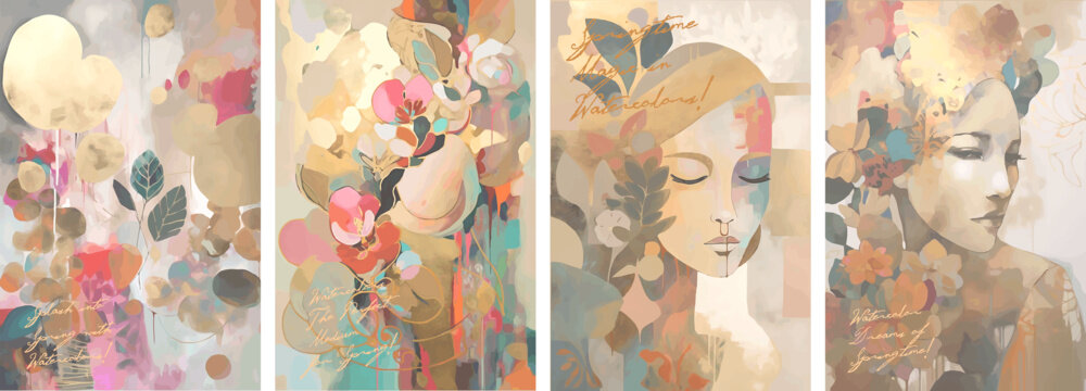 Spring, Summer. Set of vector pictures. Watercolor. Brush strokes.