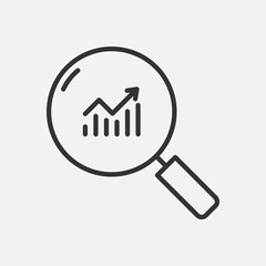 Black linear magnifier with growing charts and arrow vector icon. Graph analytics concept line design.