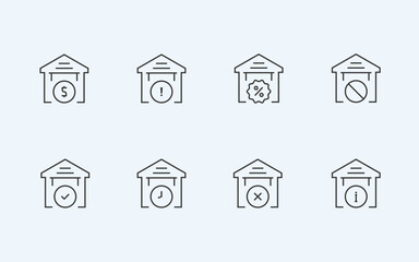 Black linear real estate with marks set vector icons. House for sale with different processing status concept line design.