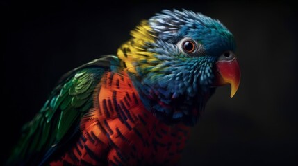 rainbow lorikeet parrot, close up of a colorful bird isolated on dark background, rainbow colours, generative ai