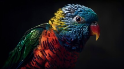 Obraz premium rainbow lorikeet parrot, close up of a colorful bird isolated on dark background, rainbow colours, generative ai