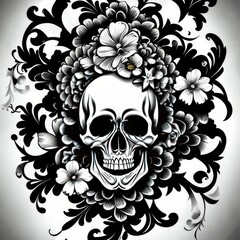 ,skull with flowers tattoo design on a white background generative AI.