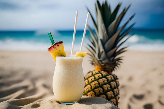A close-up photo of a Piña Colada with a tropical beach scene in the background - AI Technology