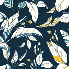Seamless pattern with exotic flowers in yellow and blue colors