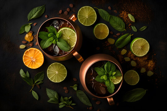A top-down view of two Moscow Mule drinks in copper mugs - AI Technology