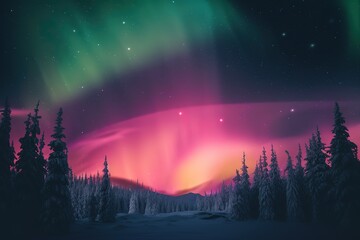 Scenic view of Aurora Borealis over winter landscape, Generative AI