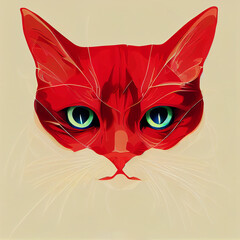 The muzzle of a red green-eyed drawn cat. Stylized cat portrait. AI-generated