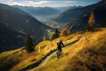 A mountain biker rides his bike in a beautiful landscape near Zell Am See at the Kaprun region, Austria. , Generative AI
