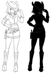 Anime Cowgirl Line Art and Silhouette
