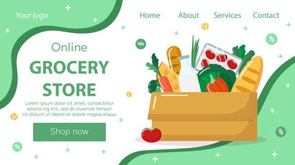 Vector online grocery store landing page template. Fresh products in shopping box on green background. Horizontal backdrop, flyer, brochure for sale, discount, offers