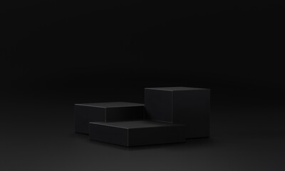 black cube stage geometric black scene dark podium black product background 3d render illustration