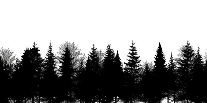 Horizontally seamless grayscale forest silhouette on pure white background. Generative AI