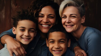 Obraz premium An image of a loving LGBT family, with two lesbian parents and their children, smiling and embracing each other, against a warm and welcoming background. Generative AI