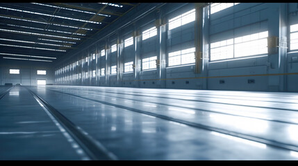 Vacant and Spacious, A Large Open Interior of an Empty Industrial Warehouse Building, Generative AI