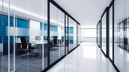 Modern White and Blue Office Interior with Glass Walls for a Transparent Workspace, Generative AI