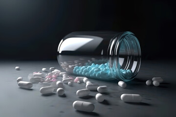 Colorful pills for drugs on a darck background, pharmaceutical concept, medical supplies, pharmaceutics.  ai generated.