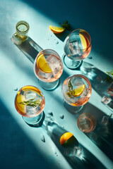 Fototapeta premium Overhead shot of a refreshing gin and tonic drink with sunlight and shadows. Generative ai