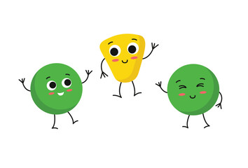 Concept Cute vegan corn and peas seeds vegetables. The concept is a flat vector illustration of vegan corn and pea seeds, which have been created using cartoon elements. Vector illustration.