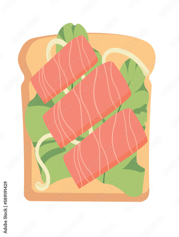 Poster Concept Tasty toast with lettuce and ham. An illustration created using flat vector techniques can depict a cartoon character having a breakfast of toast with lettuce and ham. Vector illustration.