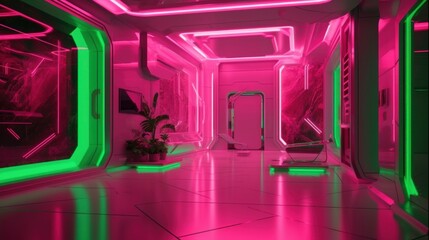 Vibrant Fusion: Magenta Pink and Bright Green Meet Futuristic Interior with Shiny Walls and Bionic Touch in Award-Winning 8K HD Desig, Generative AI