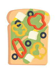 Concept Tasty toast with lettuce pepper olives and feta cheese. An illustration depict a cartoon breakfast of toast with lettuce, pepper, olives, and feta cheese. Vector illustration.