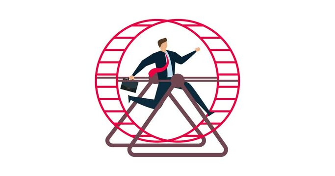 4k animation of Office salary man work in loop with no career path, frustrated businessman in hurry running in rat race wheel.