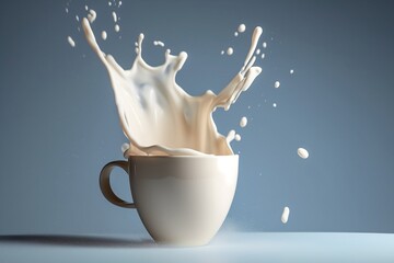 Cup of latte for breakfast, with splashes for a lively start. Light blue background, generative AI