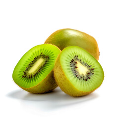 Ripe whole kiwi fruit and half kiwi fruit isolated on white background. Generative AI