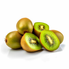 Ripe whole kiwi fruit and half kiwi fruit isolated on white background. Generative AI
