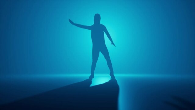3d render animation of man dancing in studio blue background hip hop hands wave silhouette lights behind shadow at floor