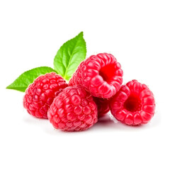 Isolated berries. Bunch of raspberry fruits with leaves isolated on white background. Generative AI