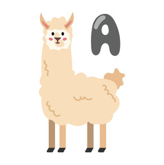 Fototapeta premium Concept Alphabet A alpaca. The illustration is a flat vector cartoon design featuring the letter A of the alphabet. The letter is depicted as an alpaca, with a cute design. Vector illustration.