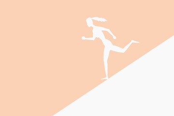 Descent into the unknown. Silhouette of a running woman on a beige background.