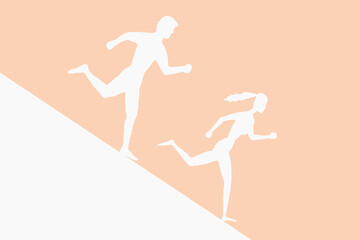 Fototapeta na wymiar A man runs after a woman down a slope. Beige background.