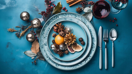 Christmas table place setting on blue background. Generative AI.