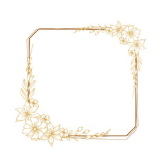 Elegant gold square floral border with hand drawn leaves and flowers for wedding invitation, thank you card, logo, greeting card