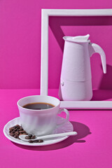 White photo frame on a magenta background. Minimalist concept design.