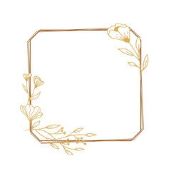 Elegant gold square floral border with hand drawn leaves and flowers for wedding invitation, thank you card, logo, greeting card