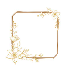 Elegant gold square floral border with hand drawn leaves and flowers for wedding invitation, thank you card, logo, greeting card