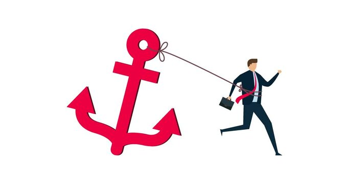 4k animation of Career burden, held back or no career path in work, tried stress businessman trying hard to run forward with heavy anchor.