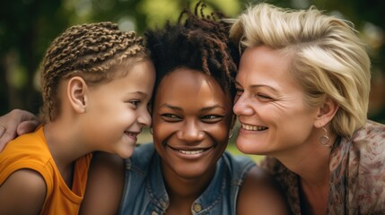 An image of a loving LGBT family, with two lesbian parents and their children, smiling and embracing each other, against a warm and welcoming background. Generative AI